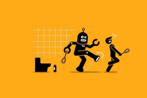 Robot cleaner kicks away a human janitor worker from doing his cleaning job at toilet. Premium Vector