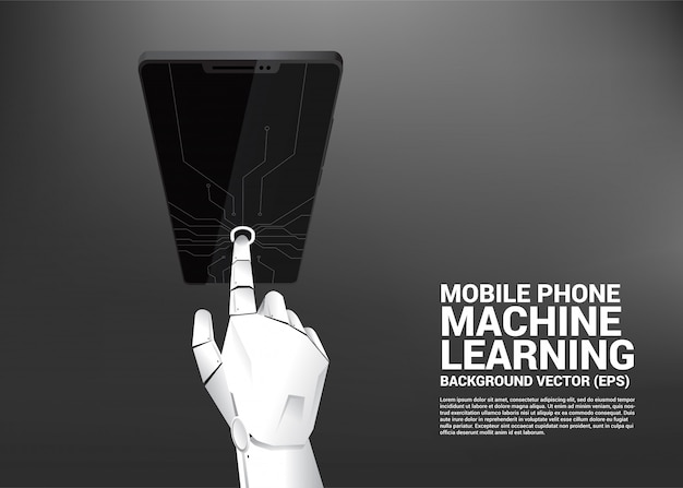 Robot Hand Touch On Screen Of Mobile Phone Premium Vector