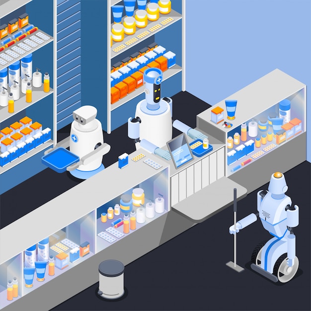 Robot service workers composition Free Vector
