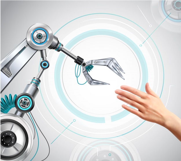 Robotic arm and human hand reaching out to one another realistic composition high tech Free Vector