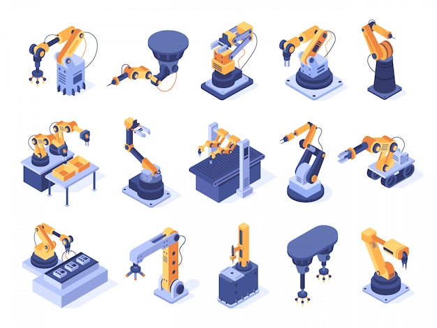 Premium Vector Robotic Arm Industrial Factory Machines Manufacturing Automatisation And Production Line Robot Arms Set