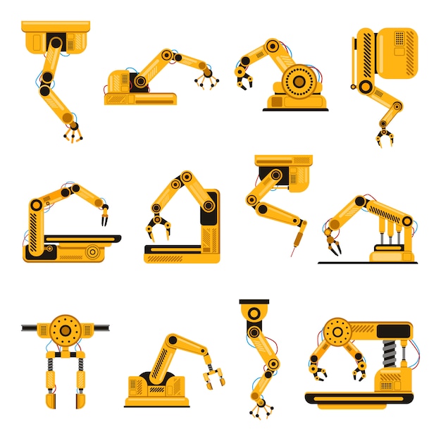 ロボットアーム 製造業機械ロボットアーム 機械技術 工場機械手イラストセット メカニカルロボットアーム ハンドエンジニアリングロボットセット プレミアムベクター
