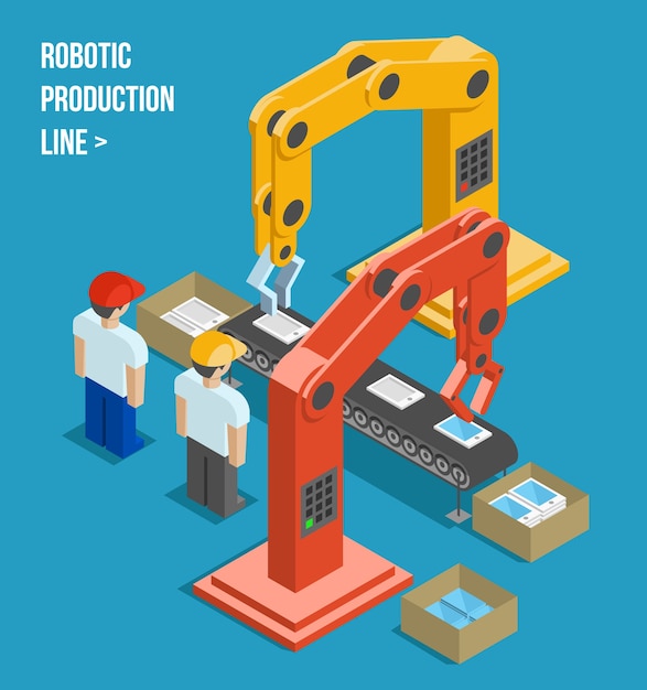ロボット生産ライン 製造と機械 自動化とロボットと産業 ベクトルイラスト 無料のベクター
