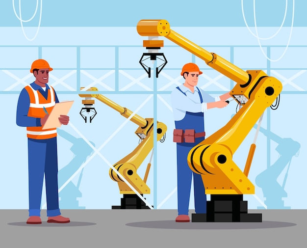 Premium Vector | Robotics expert illustration. industrial maintenance. factory equipment. man repairing automated machine hand. manufactory male worker in hard hat cartoon characters for commercial use