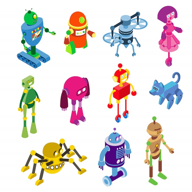 白で隔離ロボットキャラクターイラストのロボットコレクション 等尺性マシンスタイルのロボット化されたおもちゃ プレミアムベクター