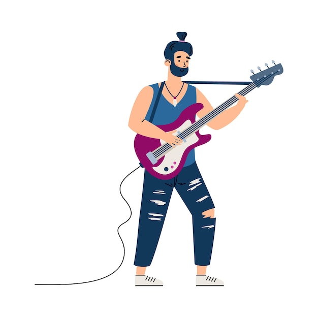 ステージフラット漫画ベクトルイラストで演奏するロックギタリストのキャラクター プレミアムベクター