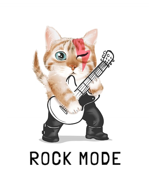 かわいい猫がギターのイラストを演奏するロックモードスローガン プレミアムベクター