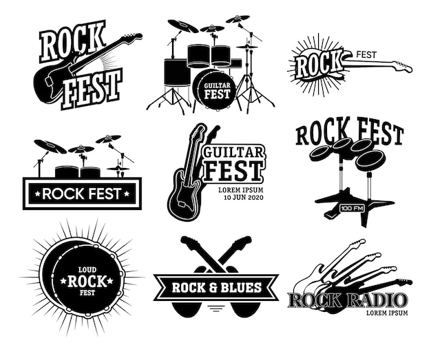 ロックミュージックのレトロなエンブレムコレクション ギターとドラム ロックフェスト ラジオテキストの白黒の隔離されたイラスト コンサートの発表 ブルースバンドのポスターテンプレート 無料のベクター