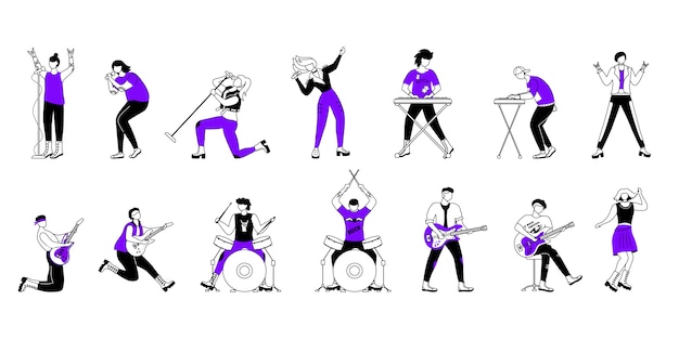 ロックミュージシャンの輪郭のイラストセット 音楽バンドのメンバー ギタリスト ドラマー ボーカリスト コンサートで遊んでいる人 漫画のアウトライン文字 簡単な描画 プレミアムベクター
