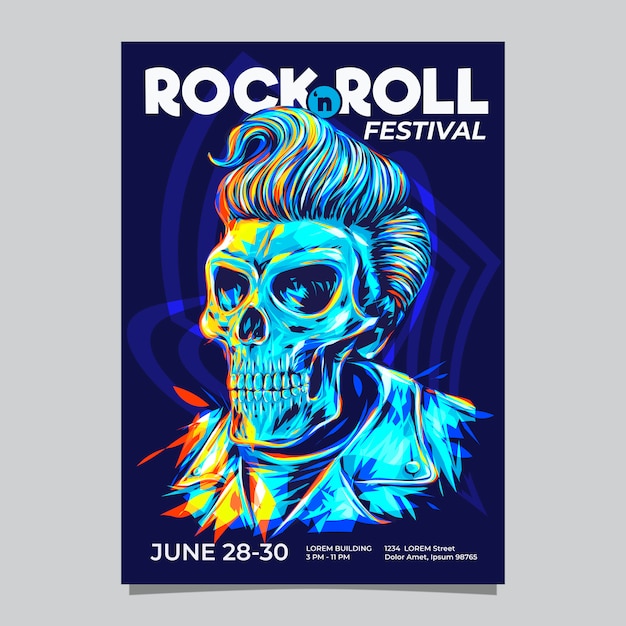 ロックンロールミュージックフェスティバルやポンパドールヘアスタイルスカルヘッドイラストイベントテンプレート プレミアムベクター