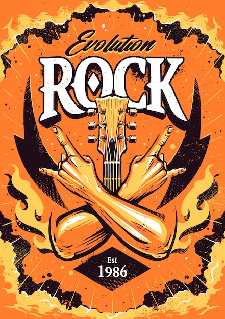 交差させた手でロックポスターテンプレートは ロックンロールのジェスチャー ギターの首 劇的な空を背景に炎に署名します プレミアムベクター