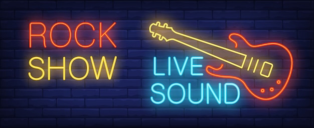 Free Vector Rock Show Live Sound Neon Sign Illuminated Electric Guitar Of Rock Star On Brick Wall