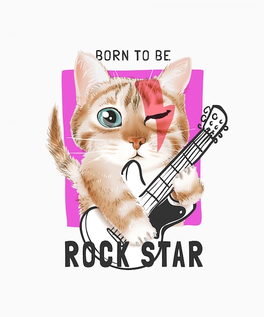 かわいい漫画猫ギターイラストをロックスタースローガン プレミアムベクター