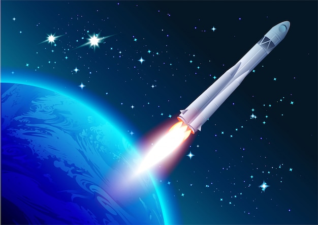 宇宙のロケット 宇宙飛行士の日 宇宙船が地球から飛び去る プレミアムベクター