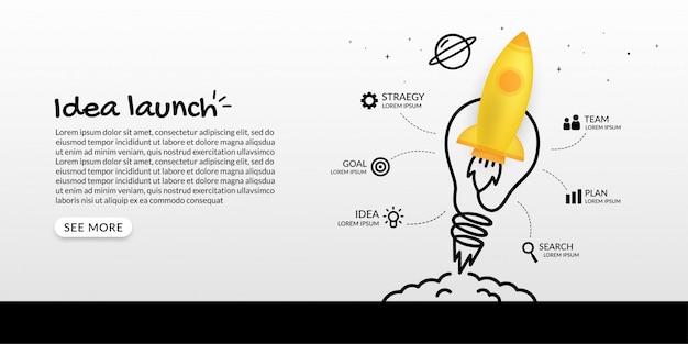 Rocket launching to space with light bulb infographic, business starp up concept Premium Vector