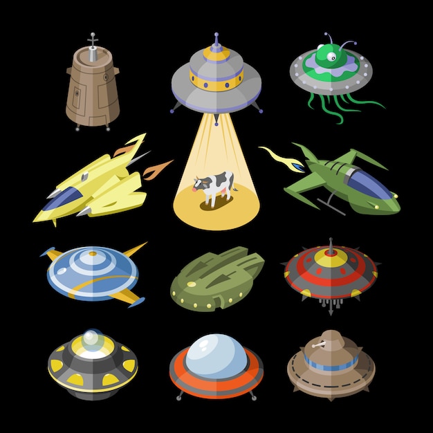 ロケット宇宙船またはロケット船とスペイシーufoイラストセットの間隔を空けた船または宇宙船が宇宙空間を黒い背景に飛んで プレミアムベクター