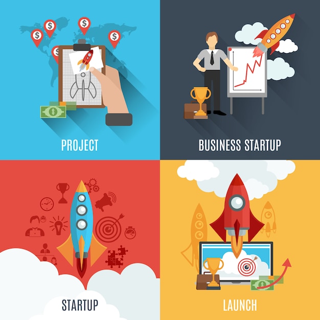 Rocket startup flat square composition poster Free Vector