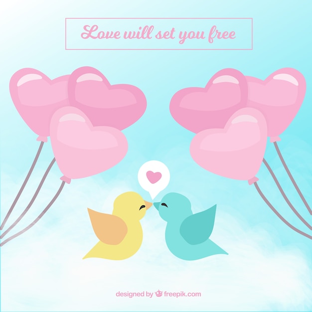 Romantic background with birds and
balloons