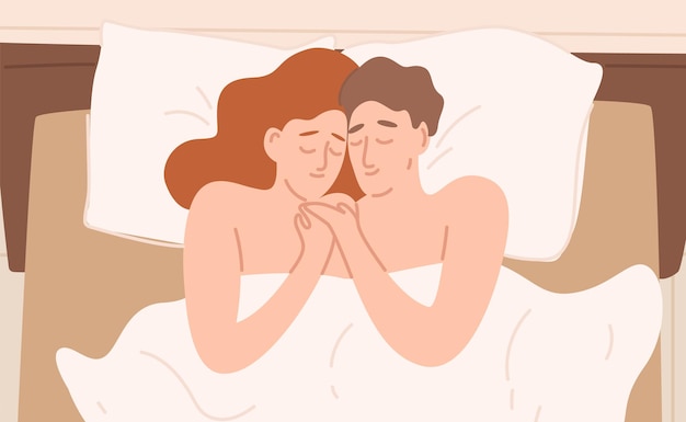 ベッドフラットイラストでロマンチックな漫画のカップル プレミアムベクター