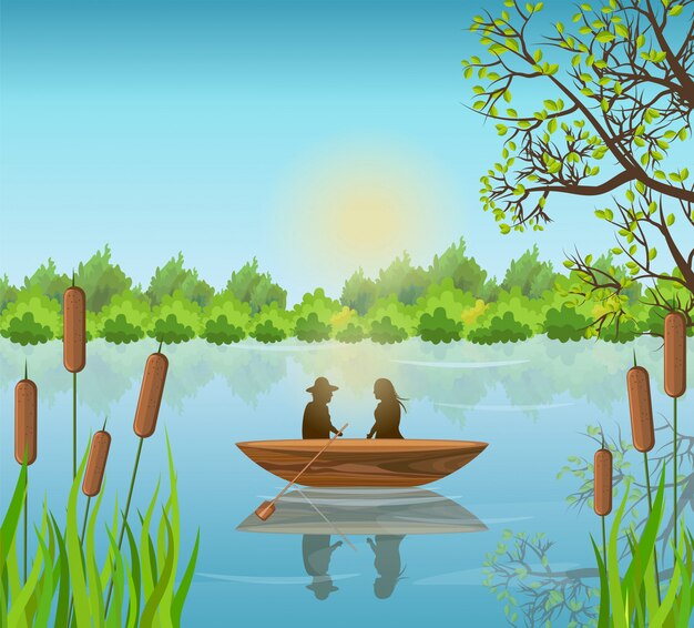 ロマンチックなカップル 湖 イラスト プレミアムベクター