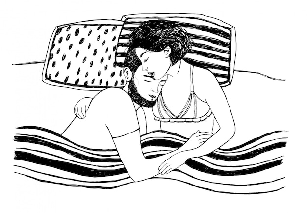 ベッドの上のロマンチックな幸せな眠っているカップル 愛の若者 黒と白のイラスト プレミアムベクター