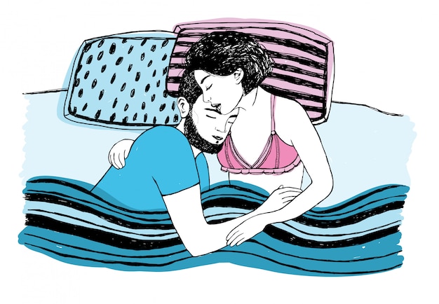 ベッドの上のロマンチックな幸せな寝ているカップル 愛の若者 カラフルなイラスト プレミアムベクター