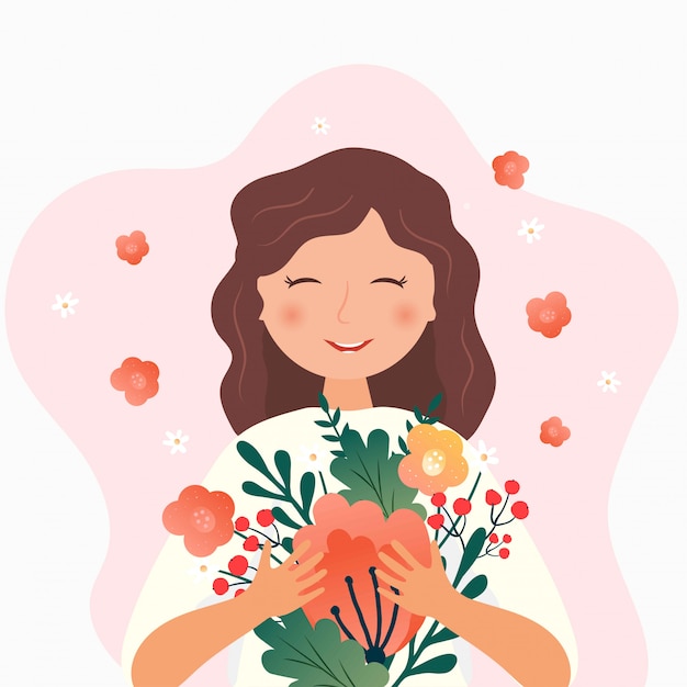 かわいいキャラクターのロマンチックなイラスト 花と笑顔の女の子 プレミアムベクター