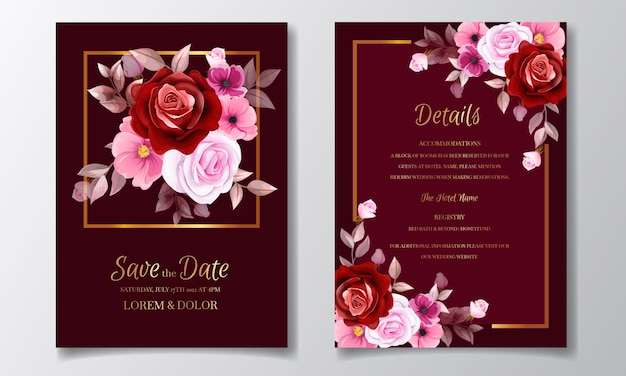 Premium Vector Romantic Maroon Wedding Invitation Card Template Set With Rose Cosmos Flowers