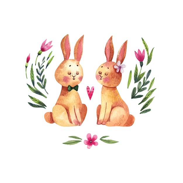花のかわいいウサギとロマンチックな水彩イラスト 花の背景に愛のウサギのカップル プレミアムベクター