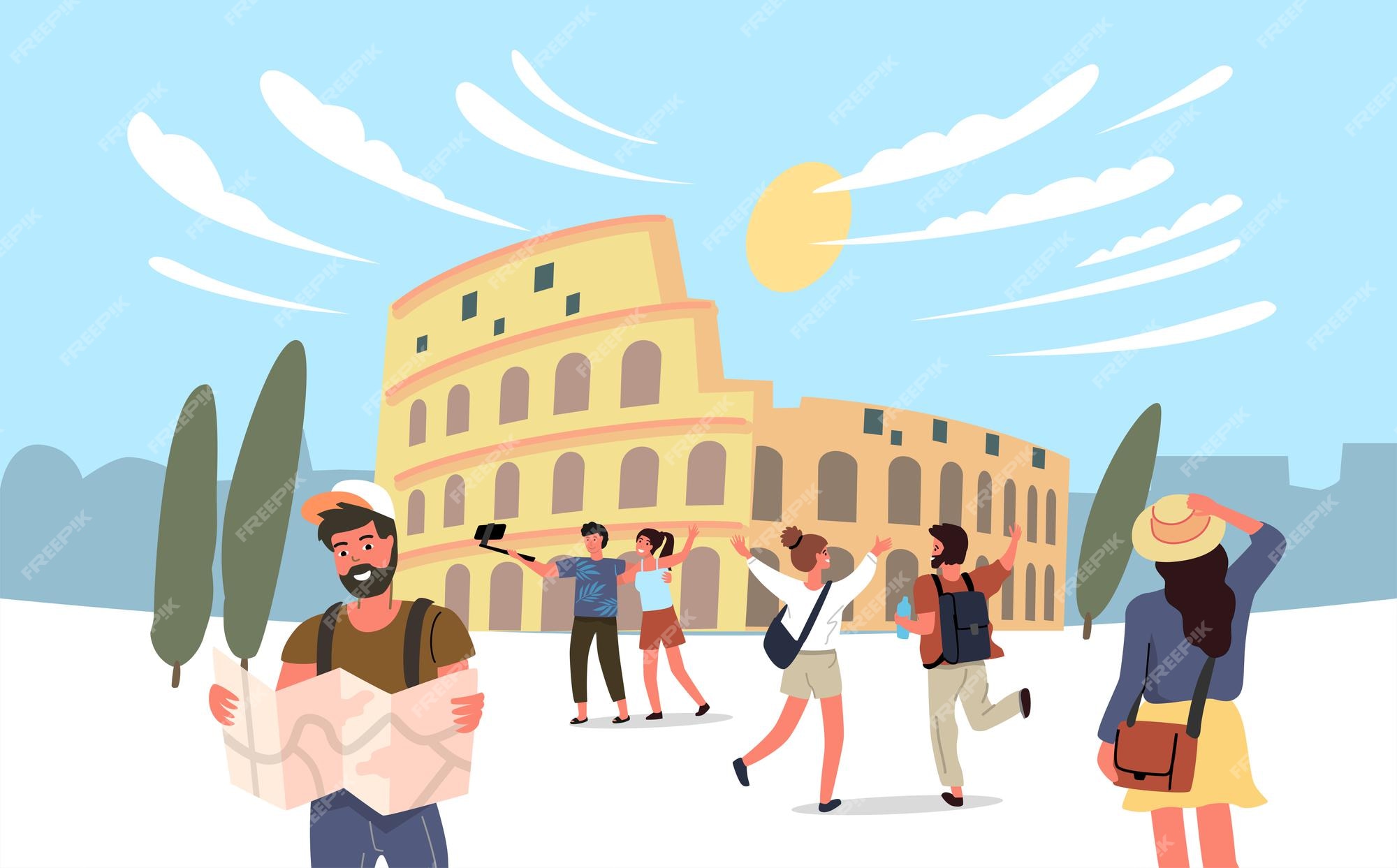 Premium Vector | Rome vector coliseum with tourists. travel theme ...