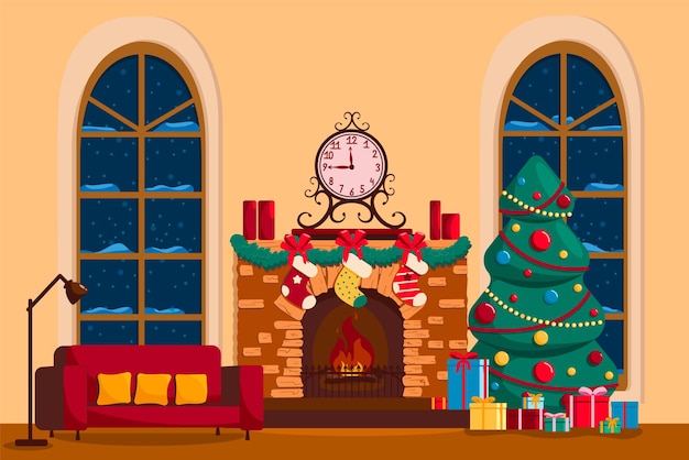 Premium Vector | A room decorated for christmas fireplace with candles ...