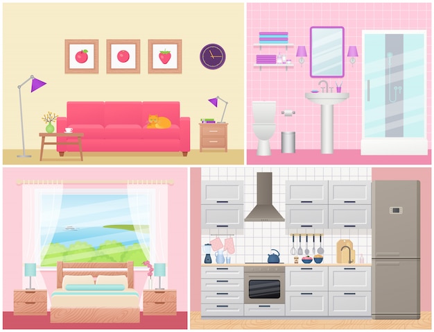 Premium Vector | Room interiors with furniture in flat design. cartoon