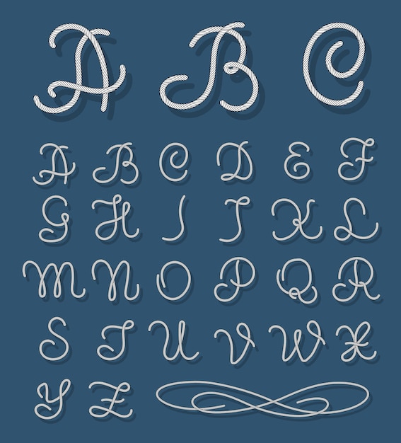 ロープフォント 航海アルファベットロープ手描き文字 アルファベットの活版印刷のヴィンテージ ロープと文字列の書体 無料のベクター
