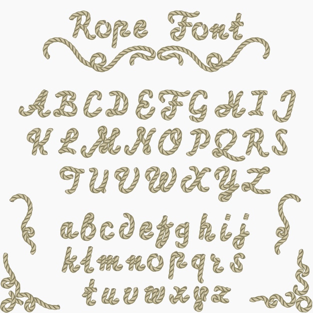 ロープフォント 航海の手書きの手紙 海のスタイルのロープ文字 装飾的なラテンアルファベット プレミアムベクター