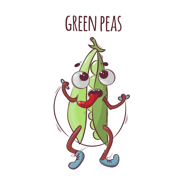 ロープグリーンピーススポーツ野菜漫画健康栄養自然手描きイラスト プレミアムベクター