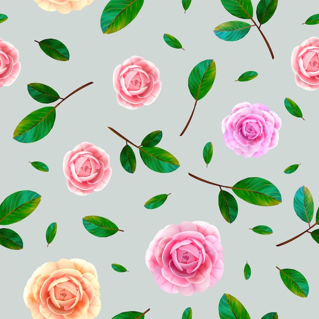 ピンクと黄色の花 青灰色の背景に緑の葉が咲くバラの花のシームレスなパターン プレミアムベクター