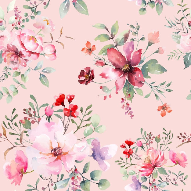 バラの花のシームレスなパターンピンクのパステル背景 イラスト水彩画が描かれました プレミアムベクター