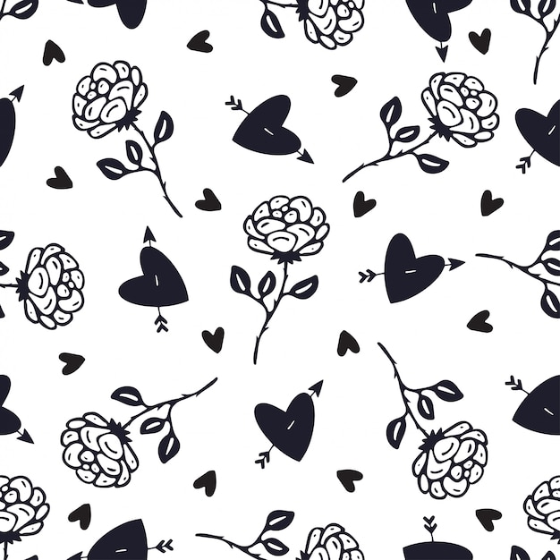Download Premium Vector Rose Flowers And Hearts Pattern