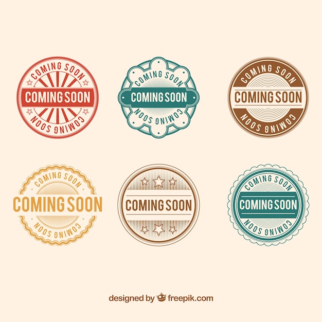 Round Collection Of Coming Soon Stickers Free Vector