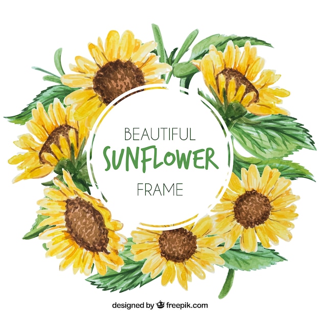 Round floral frame with watercolor\
sunflowers