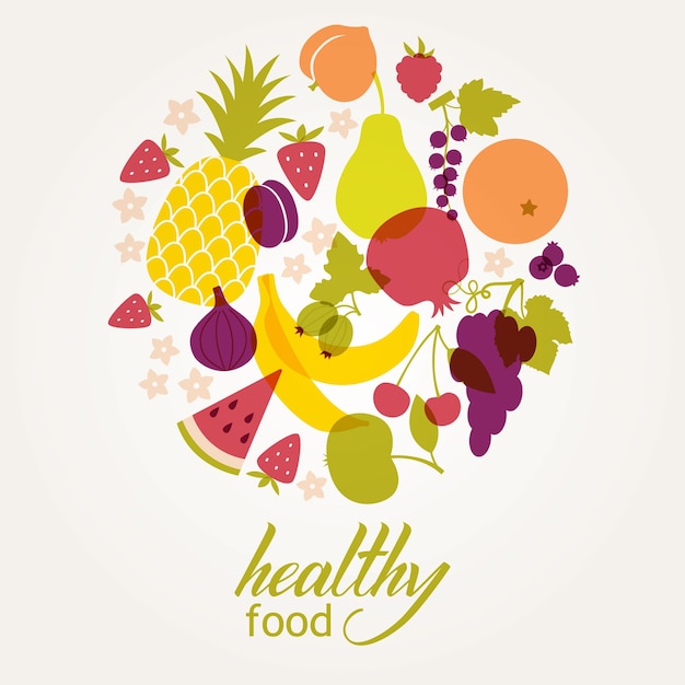 Round frame of fresh juicy fruits. Healthy\
diet, vegetarianism and veganism.