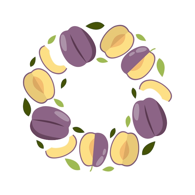 Round frame plum in flat style for print, social media, card. Premium Vector