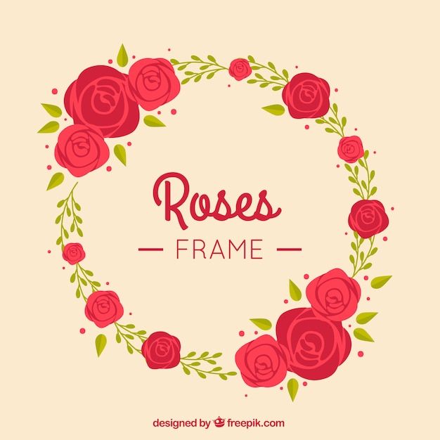 Round frame with red roses in flat\
design