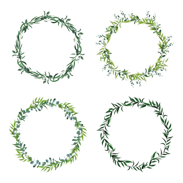 丸い葉のボーダー サークルグリーンの葉の花輪 花のフレーム 装飾的なサークルの招待状 花飾りのアイコンを設定します 緑の葉のフレーム ボーダーリース緑 イラスト プレミアムベクター