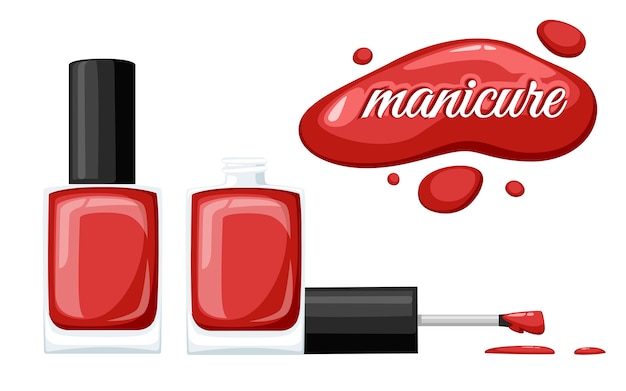 黒いキャップが付いた丸い赤い光沢のあるマニキュアボトル 白い背景のイラスト マニキュアのコンセプトです 開いたボトルとマニキュアのドロップ プレミアムベクター