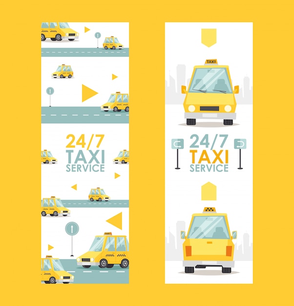 24時間タクシーサービスバナー イラスト 高速で信頼性の高いタクシー会社の広告 プレミアムベクター