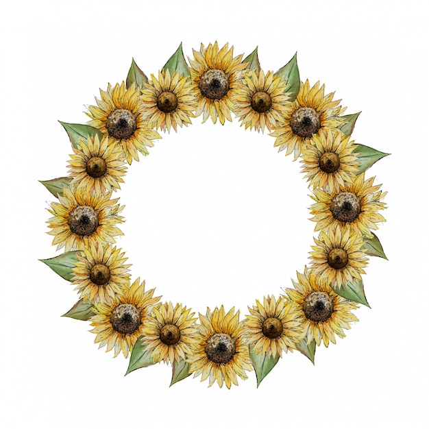 Download Round watercolor wreath with yellow sunflowers | Premium ...
