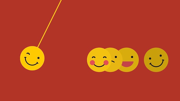 Round yellow emoticon in happy moods swing isolated on red background Free Vector