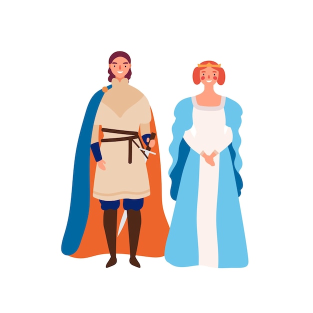 ロイヤルカップルフラットベクトルイラスト 中世の王と女王の漫画のキャラクター プリンスと彼の女性は白で孤立しました 王国の支配者 乙女との主権 おとぎ話 歴史上の人物 プレミアムベクター