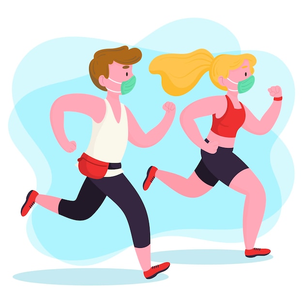 Free Vector | Runners with medical masks illustration